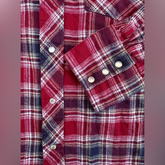 100% Cotton Pearl Snap Retro Wrangler Wrancher Red & Blue Plaid Shirt Size L - Picture 7 of 7
